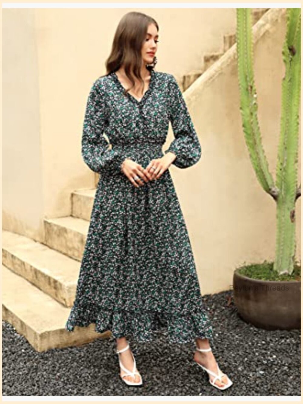V Neck Boho Floral Print Wedding Guest Maxi Dress Bohemian Flowy - Picture 4 of 7